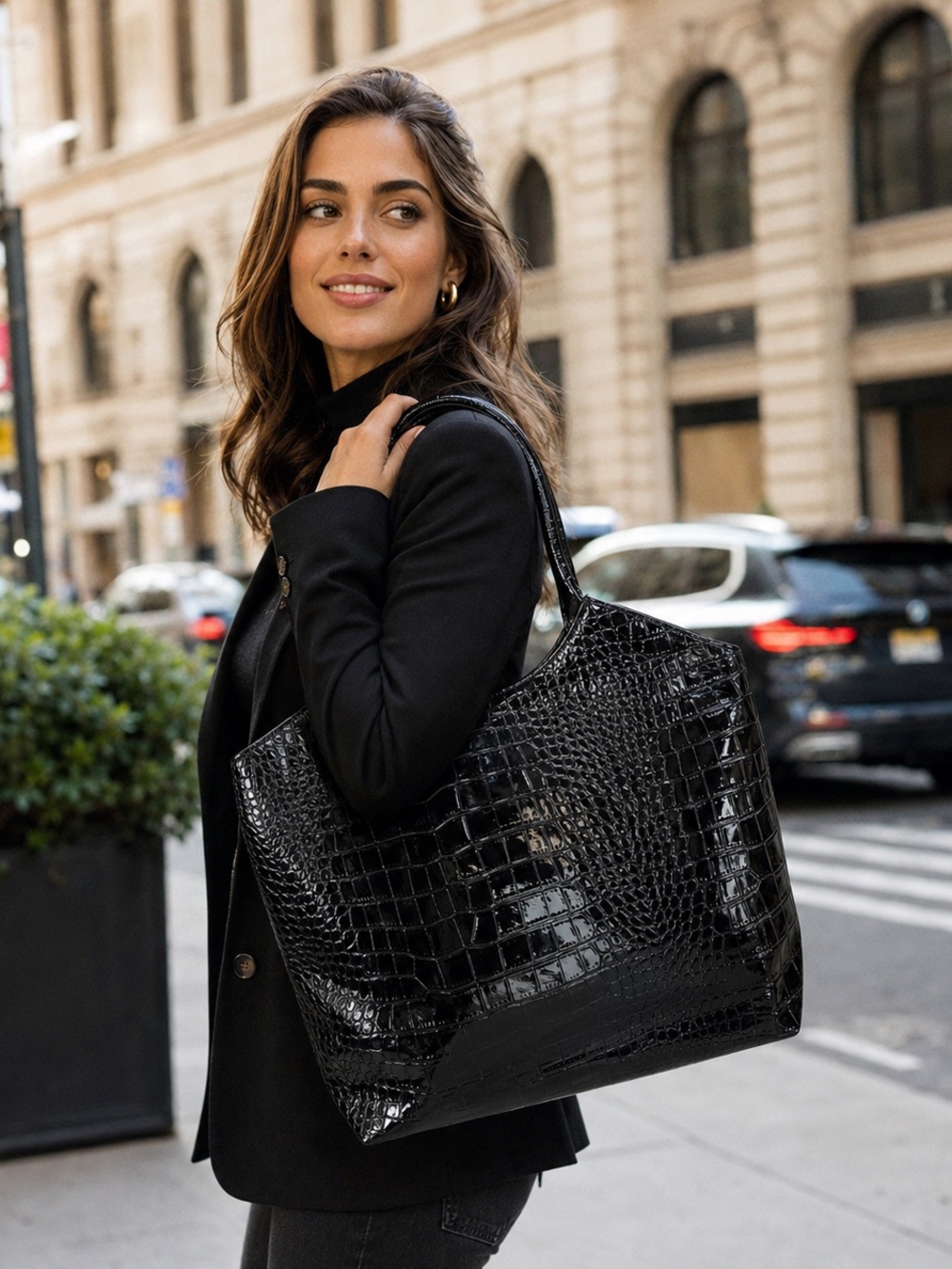 Neiman Marcus Black Croc Embossed Patent Tote Bag Large Shopper NWOT